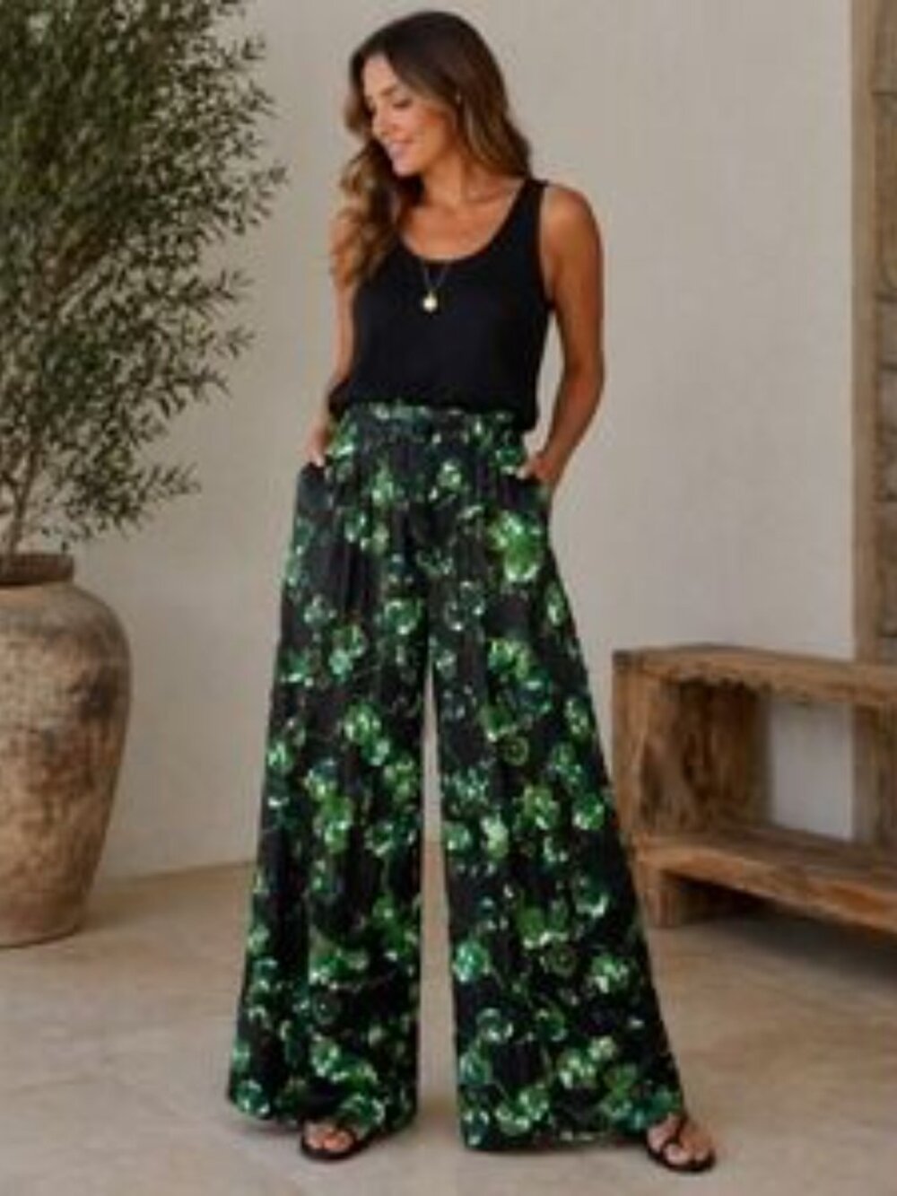 Anthropologie Elevenses Satin Floral Wide Leg Pants Green Black 0